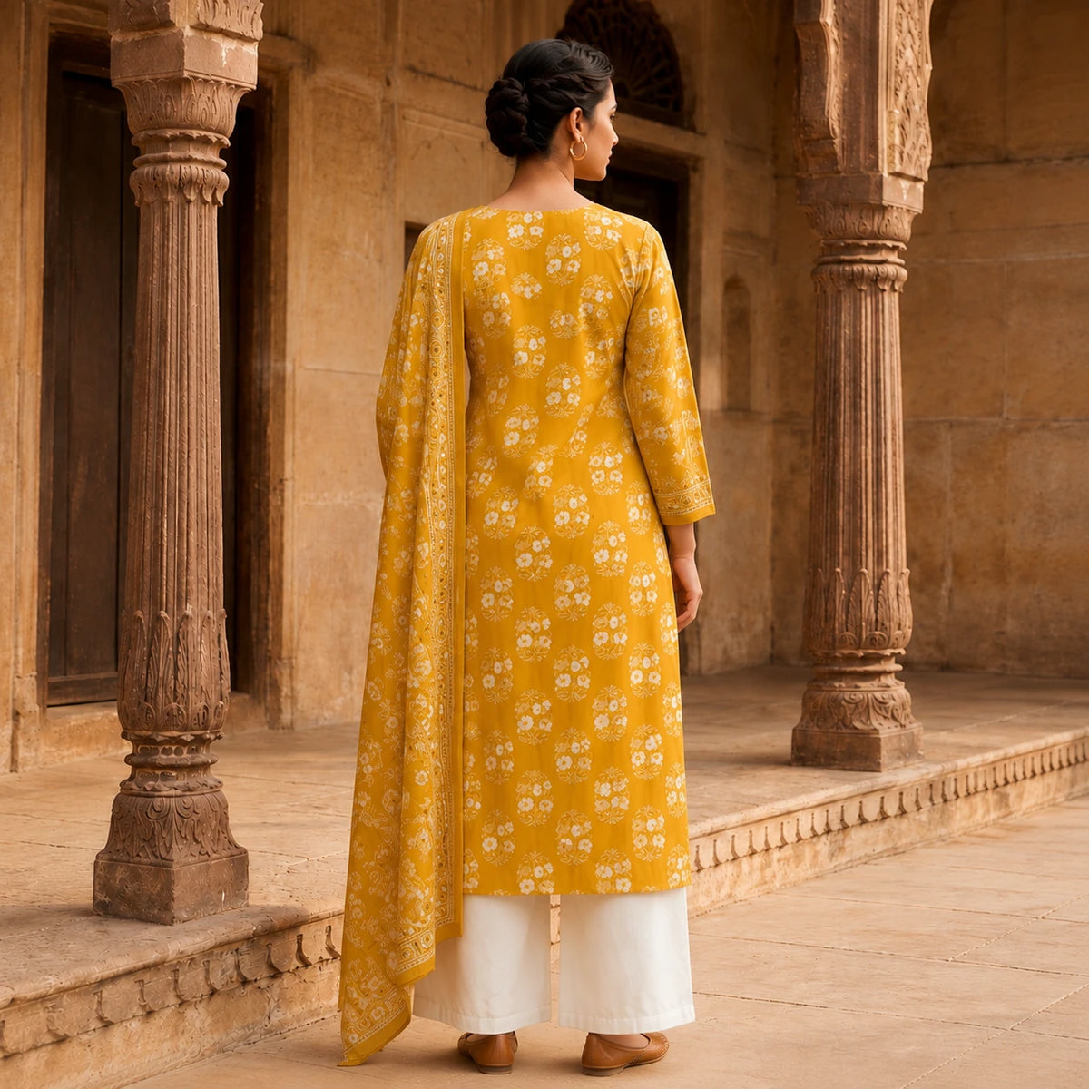Woman wearing a mustard floral printed kurta with ivory wide-leg palazzo pants and matching dupatta