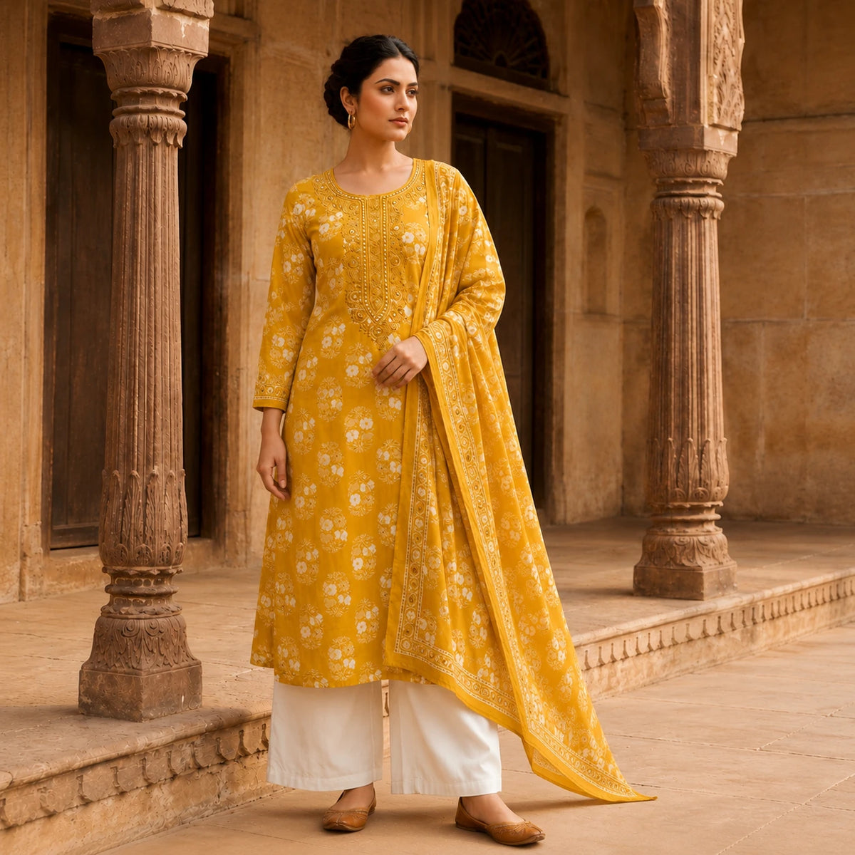 Woman wearing a mustard floral printed kurta with ivory wide-leg palazzo pants and matching dupatta