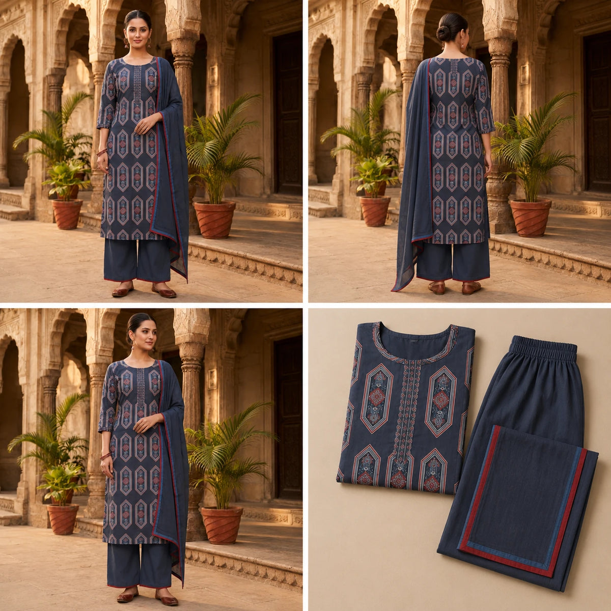 Woman wearing a navy blue geometric printed kurta with wide-leg palazzo pants and matching dupatta