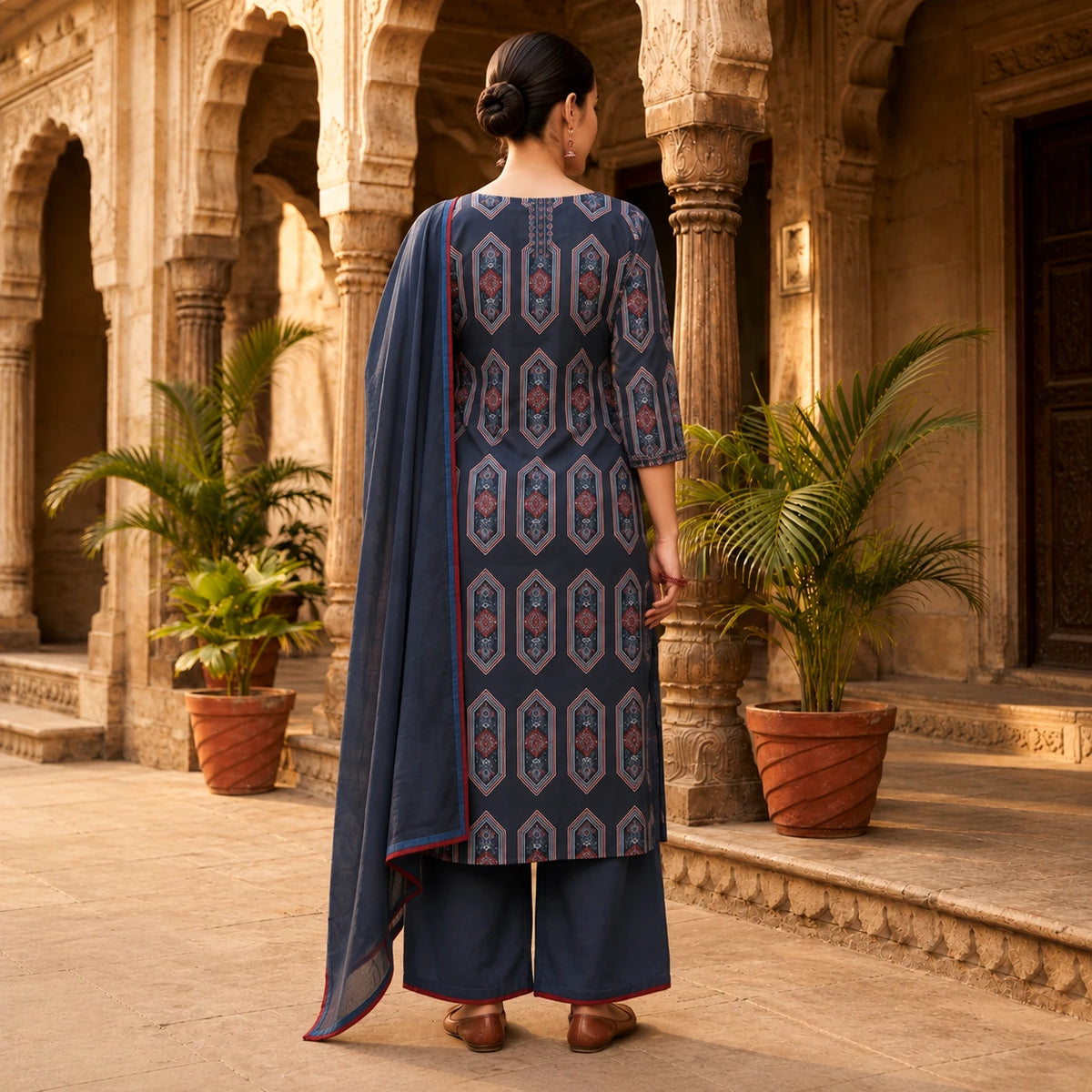 Woman wearing a navy blue geometric printed kurta with wide-leg palazzo pants and matching dupatta