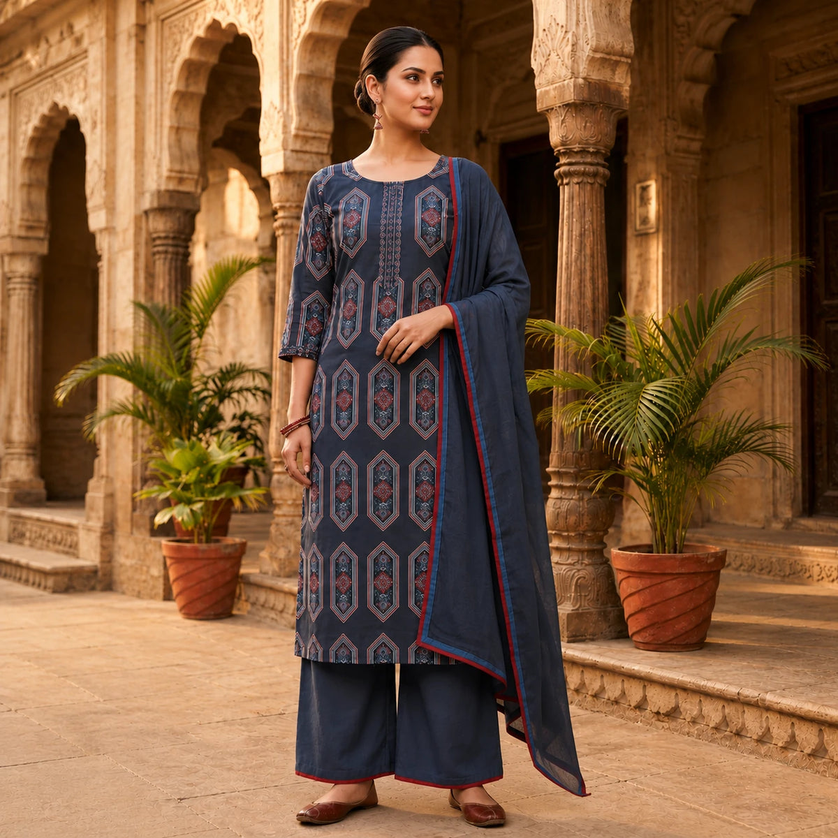Woman wearing a navy blue geometric printed kurta with wide-leg palazzo pants and matching dupatta
