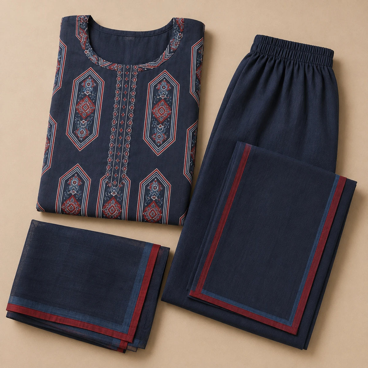 Woman wearing a navy blue geometric printed kurta with wide-leg palazzo pants and matching dupatta