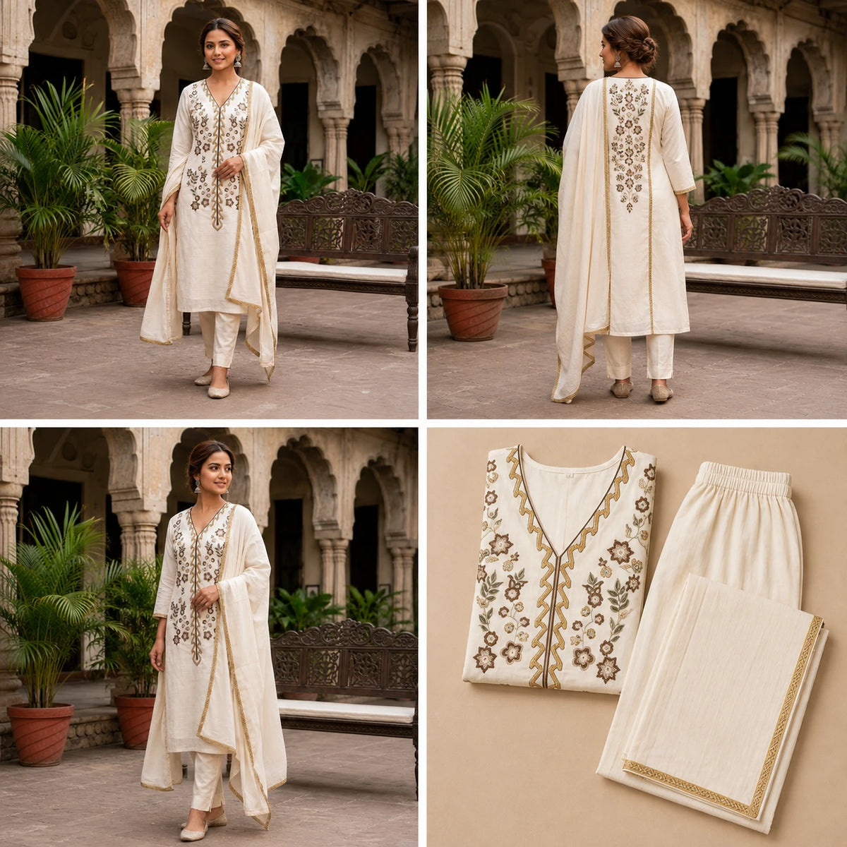 Woman wearing an ivory embroidered straight kurta with matching pants and dupatta