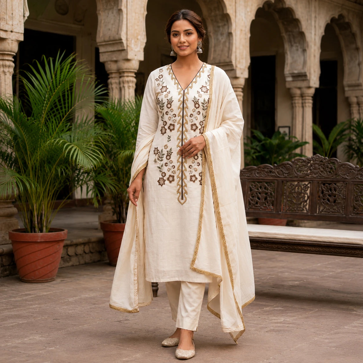Woman wearing an ivory embroidered straight kurta with matching pants and dupatta