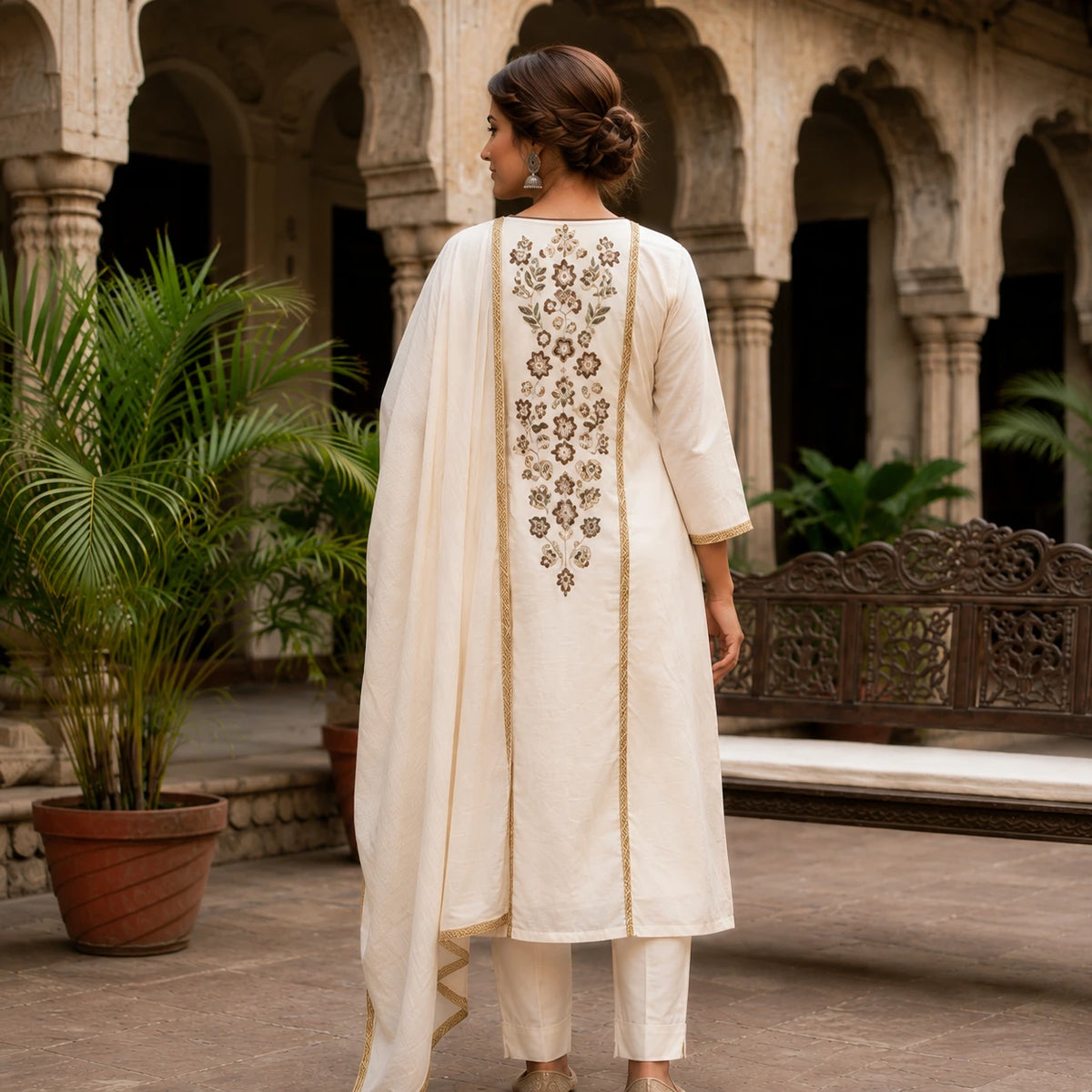 Woman wearing an ivory embroidered straight kurta with matching pants and dupatta