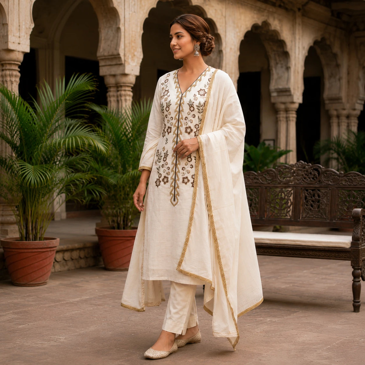 Woman wearing an ivory embroidered straight kurta with matching pants and dupatta