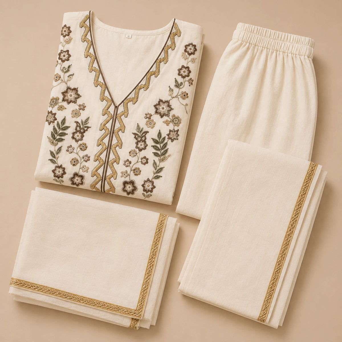 Woman wearing an ivory embroidered straight kurta with matching pants and dupatta