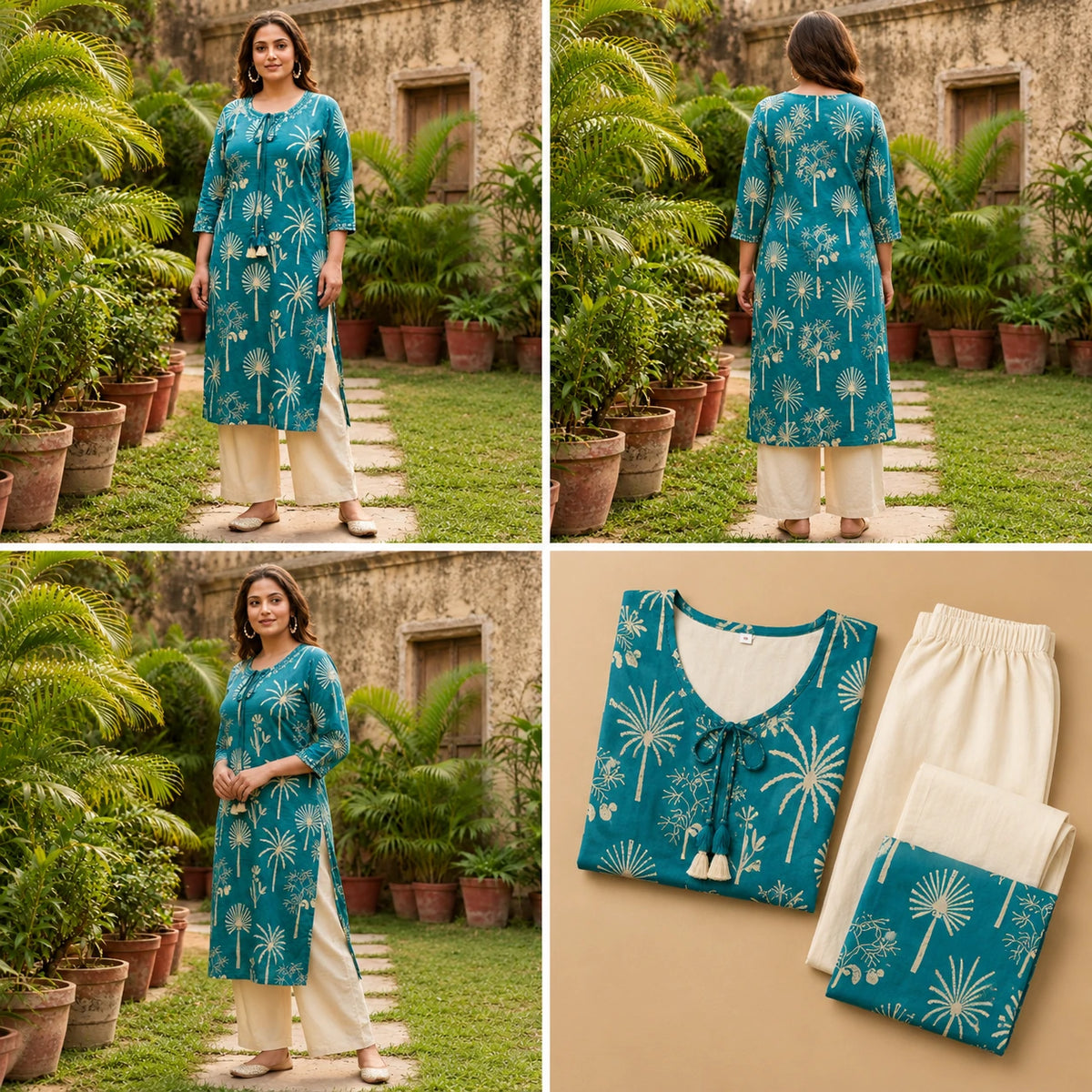 Woman wearing a teal blue botanical printed kurta with ivory wide-leg pants