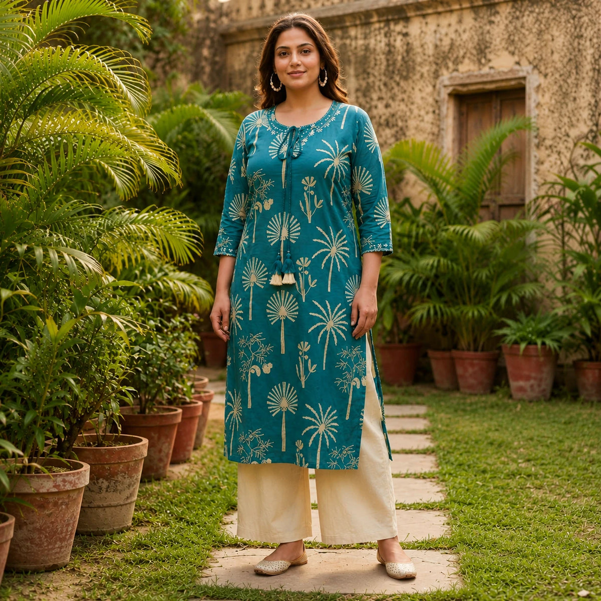 Woman wearing a teal blue botanical printed kurta with ivory wide-leg pants