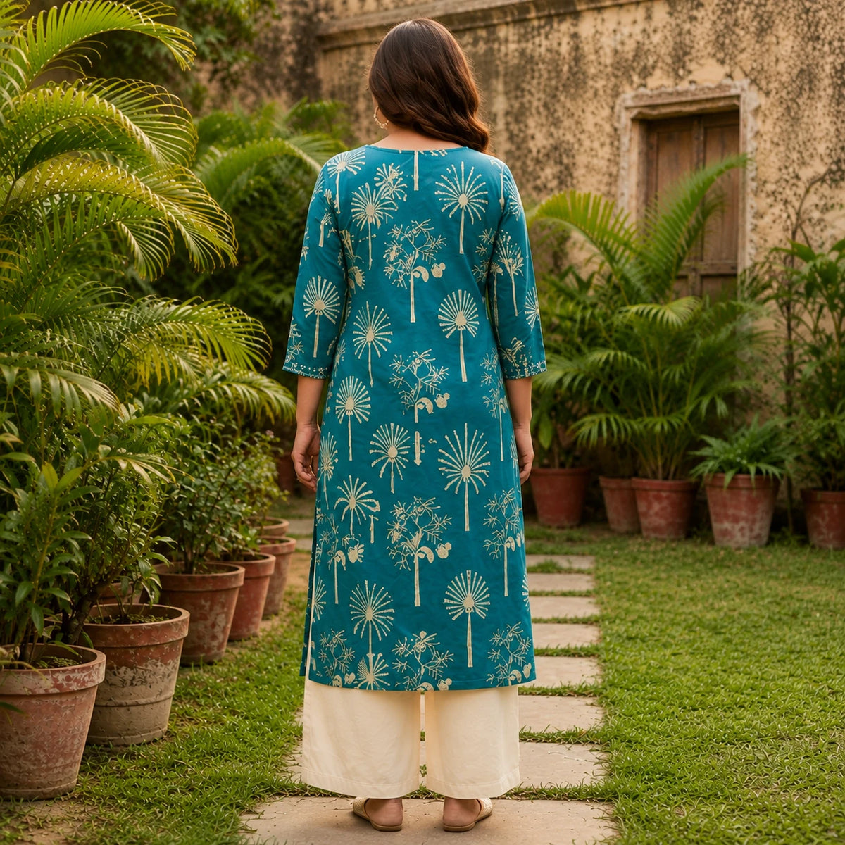 Woman wearing a teal blue botanical printed kurta with ivory wide-leg pants