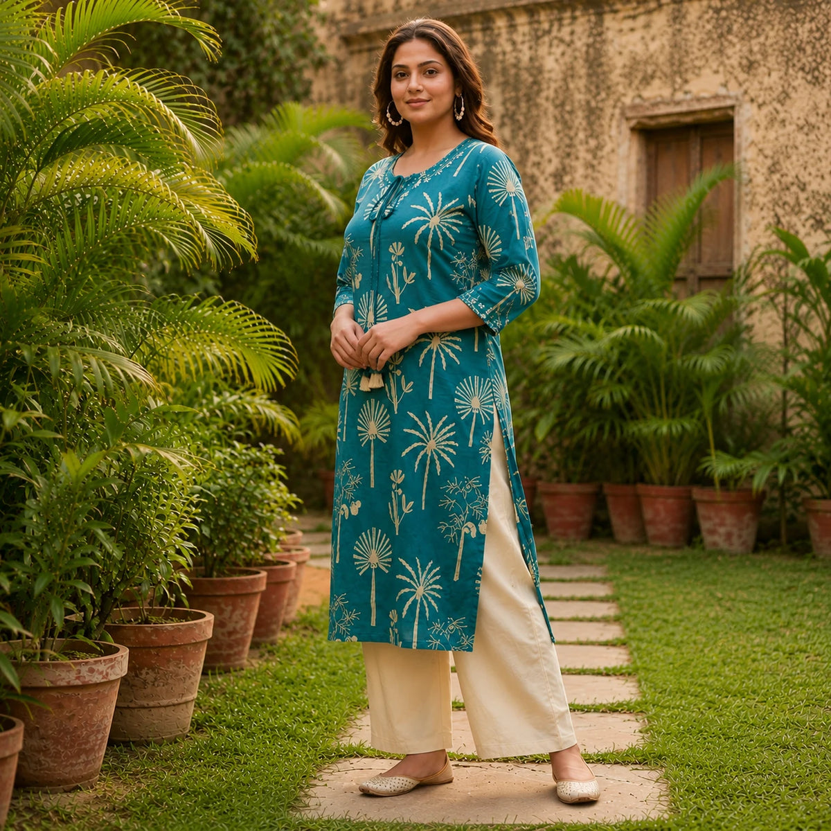 Woman wearing a teal blue botanical printed kurta with ivory wide-leg pants