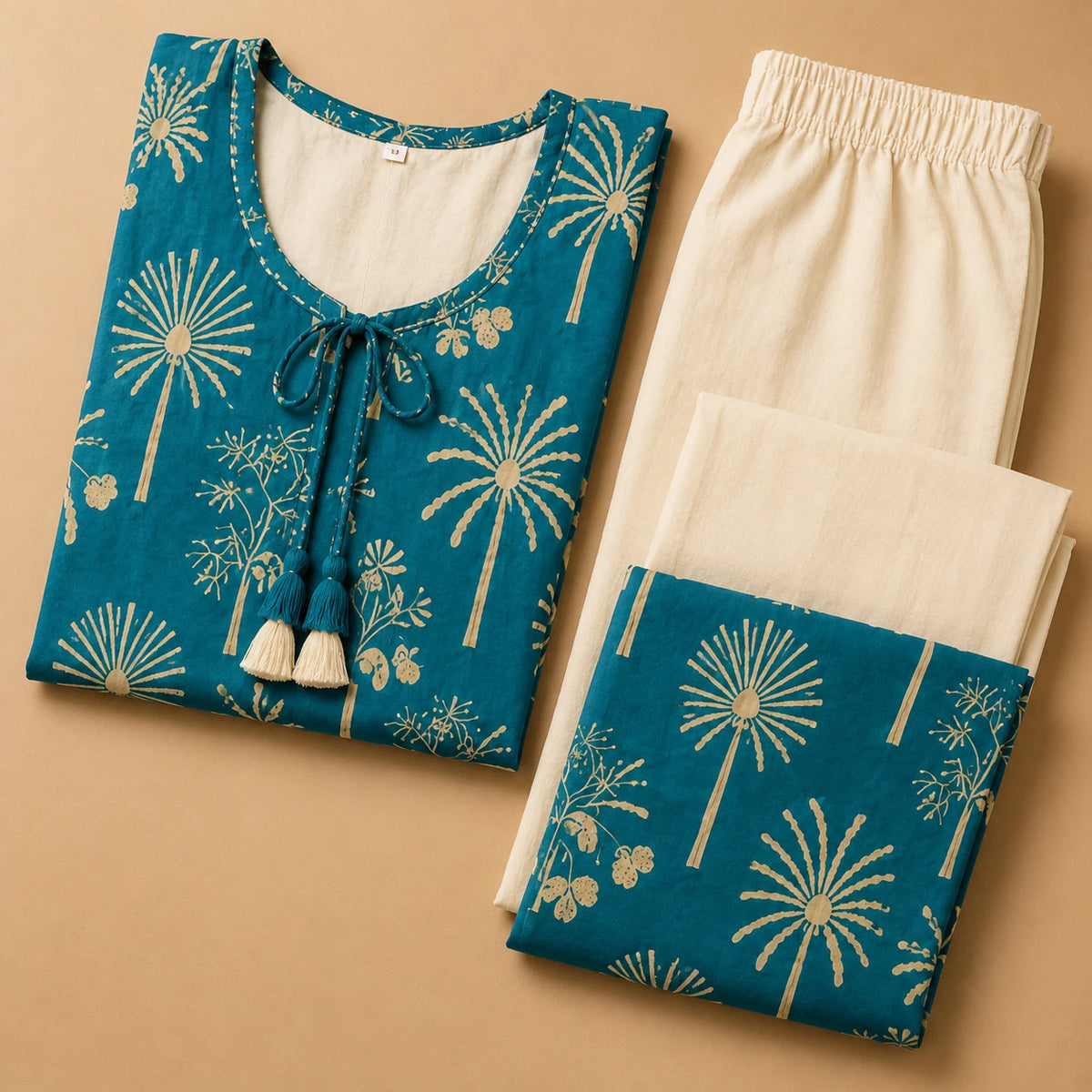 Woman wearing a teal blue botanical printed kurta with ivory wide-leg pants