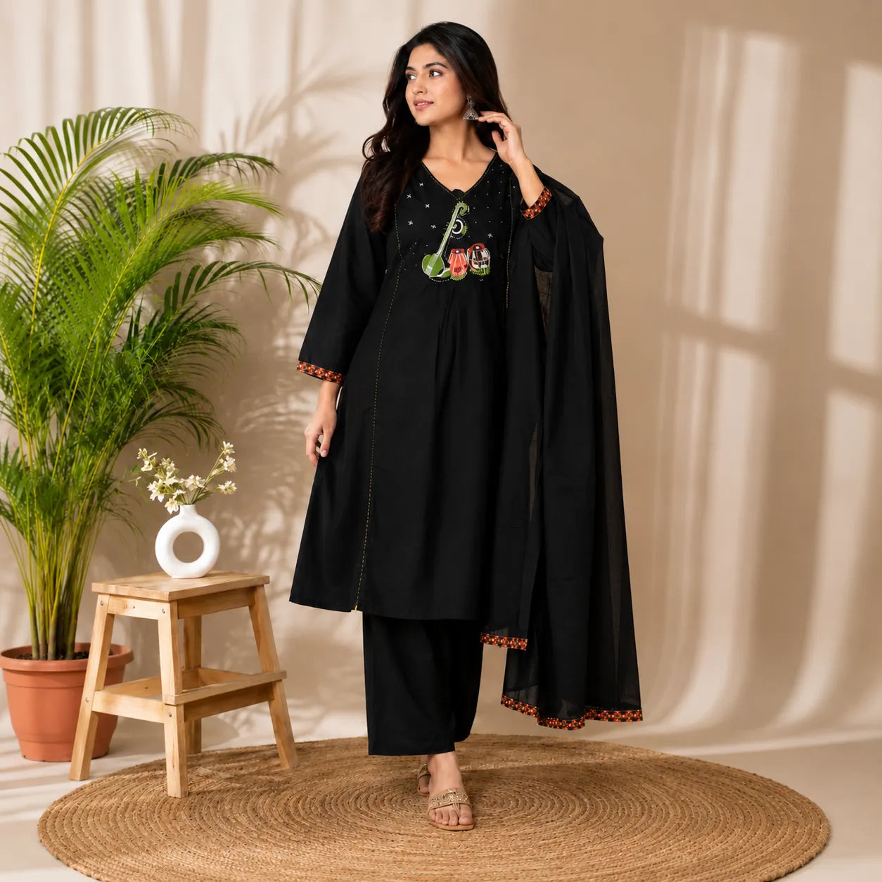 Women's Black Musical Motif Embroidered Kurta Set with Dupatta