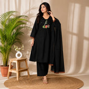 Women's Black Musical Motif Embroidered Kurta Set with Dupatta