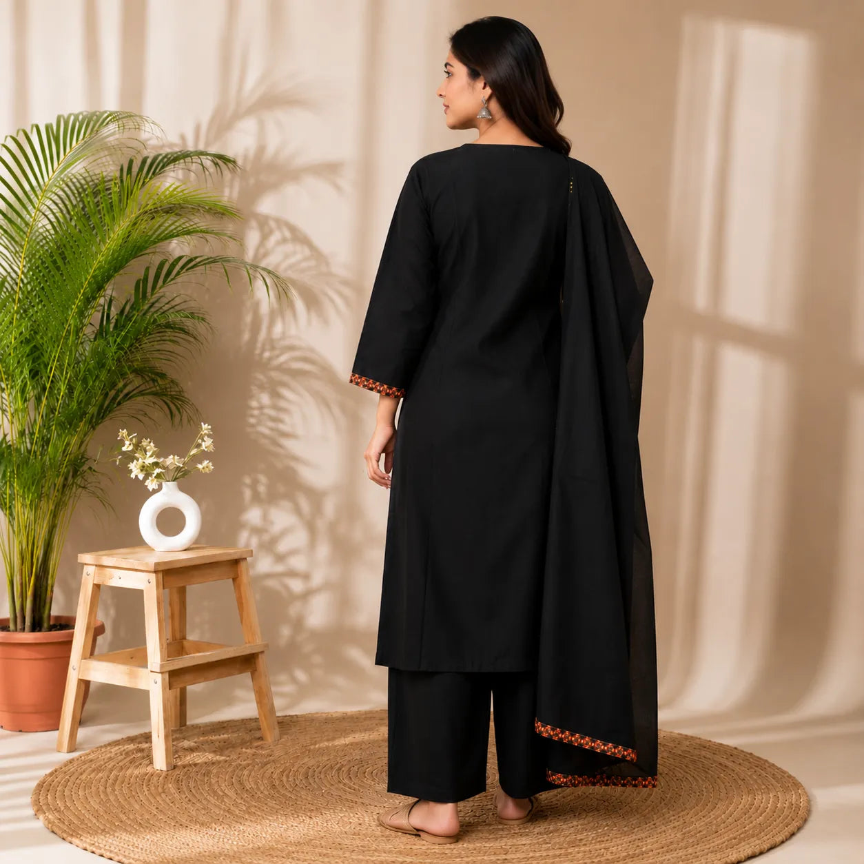 Women's Black Musical Motif Embroidered Kurta Set with Dupatta