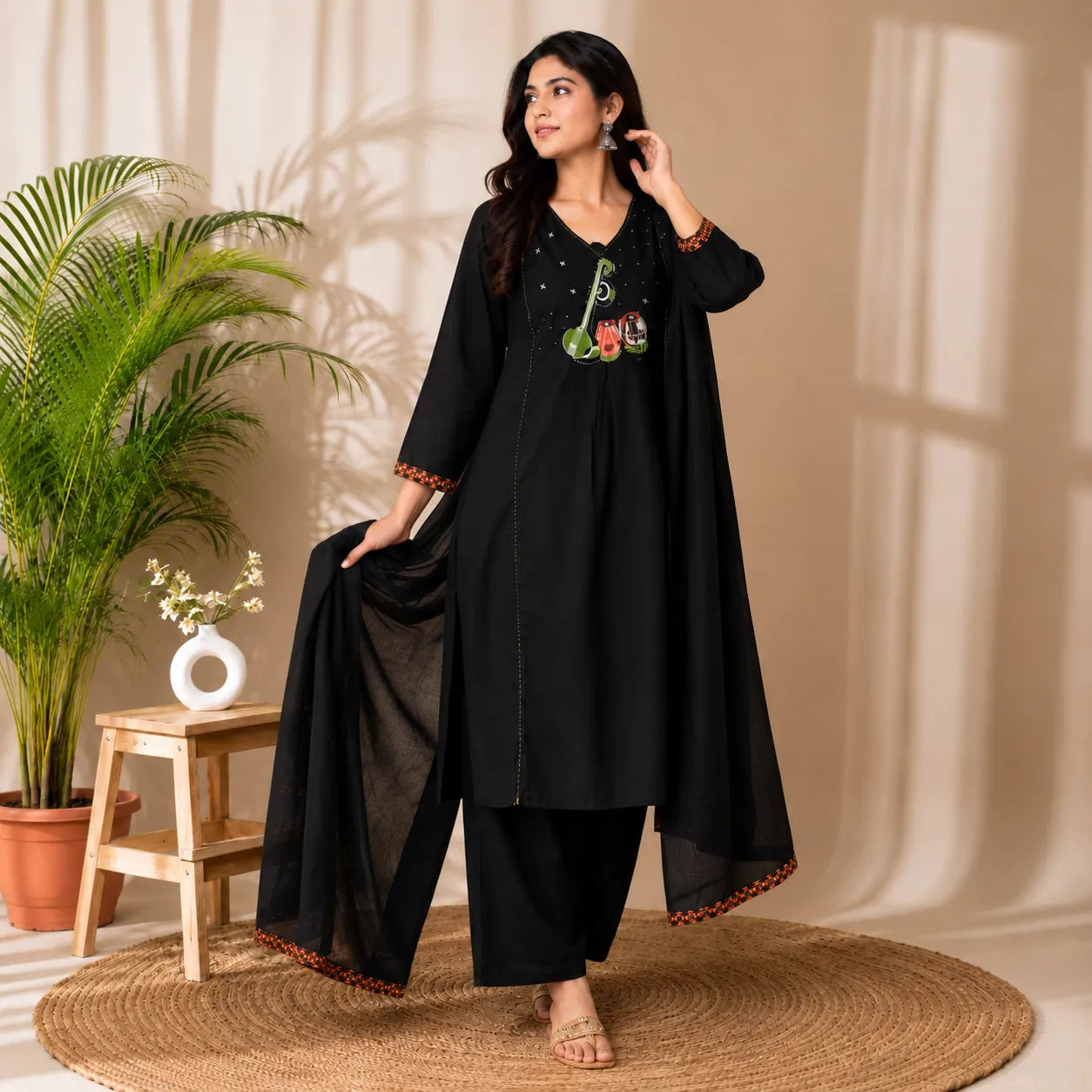 Women's Black Musical Motif Embroidered Kurta Set with Dupatta