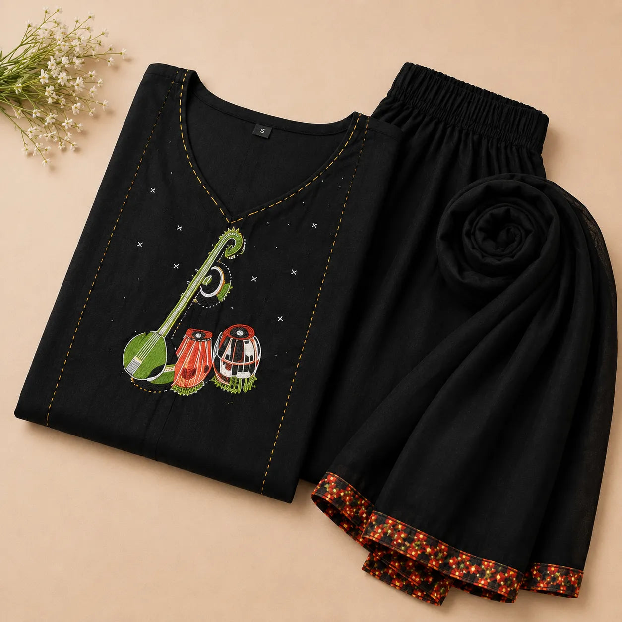 Women's Black Musical Motif Embroidered Kurta Set with Dupatta