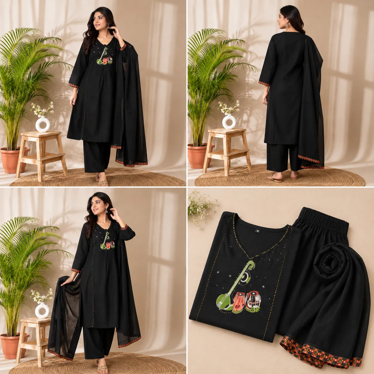 Women's Black Musical Motif Embroidered Kurta Set with Dupatta