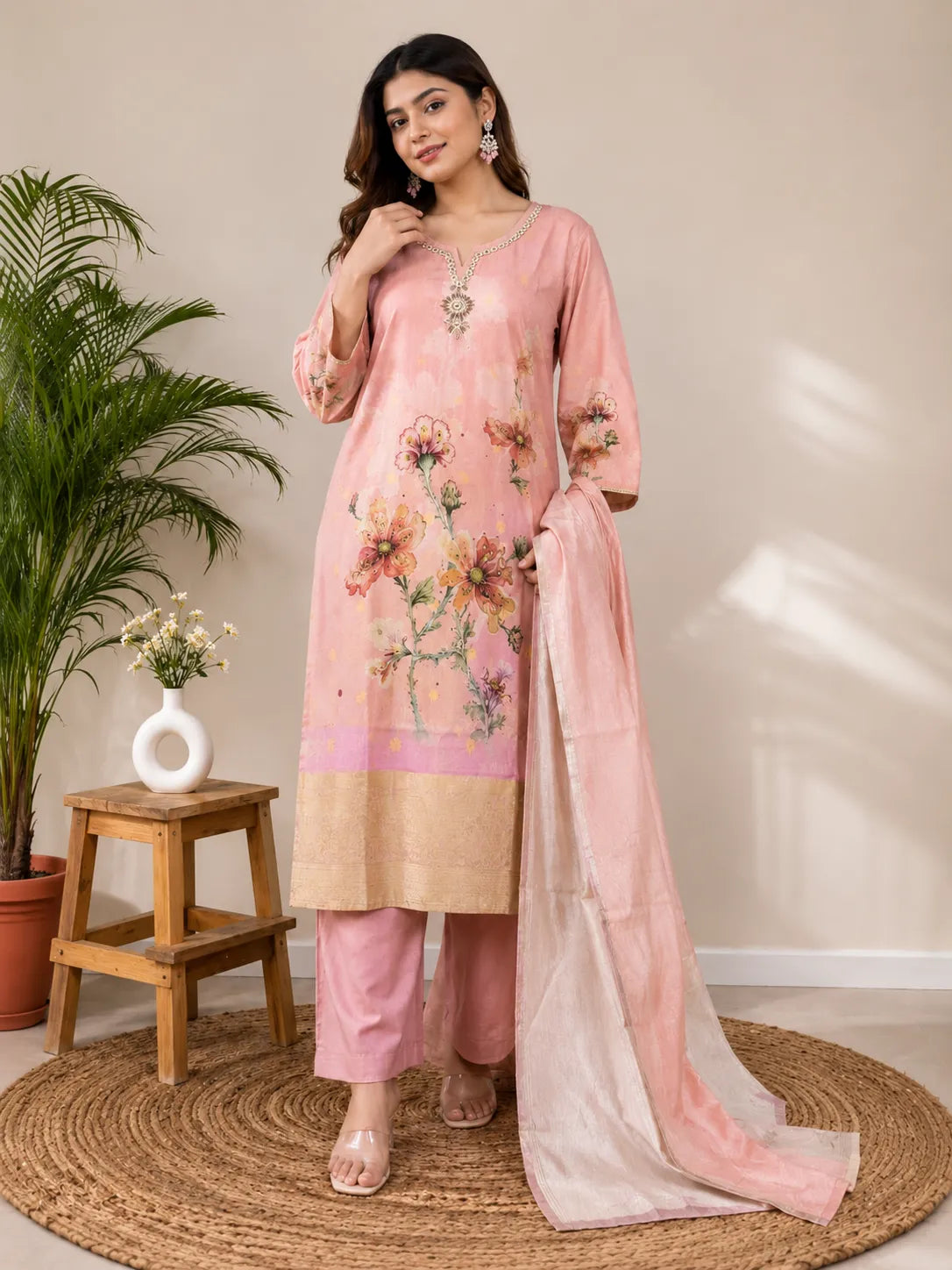 Women's Blush Pink Floral Printed Kurta Set with Dupatta