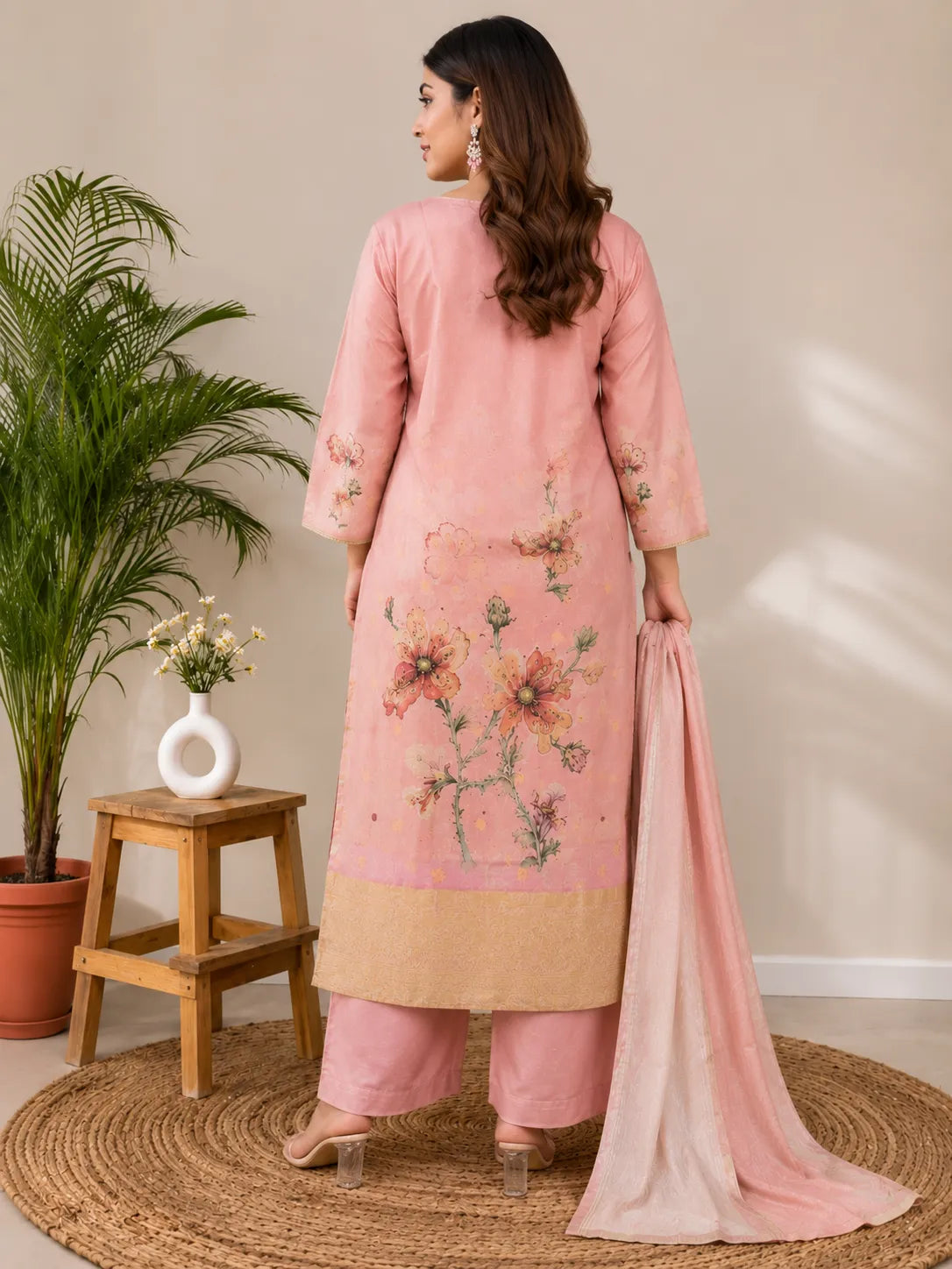 Women's Blush Pink Floral Printed Kurta Set with Dupatta