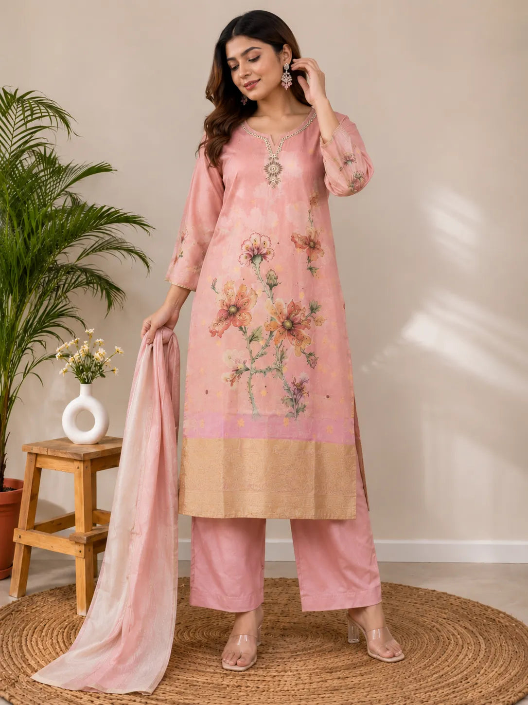 Women's Blush Pink Floral Printed Kurta Set with Dupatta