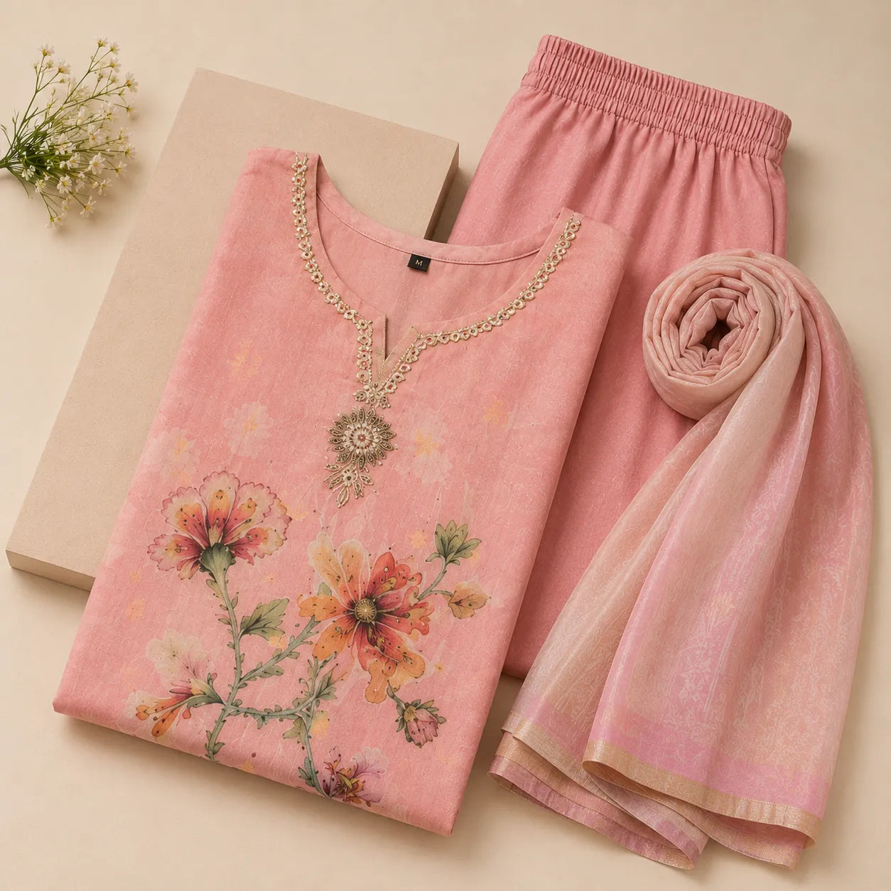 Women's Blush Pink Floral Printed Kurta Set with Dupatta