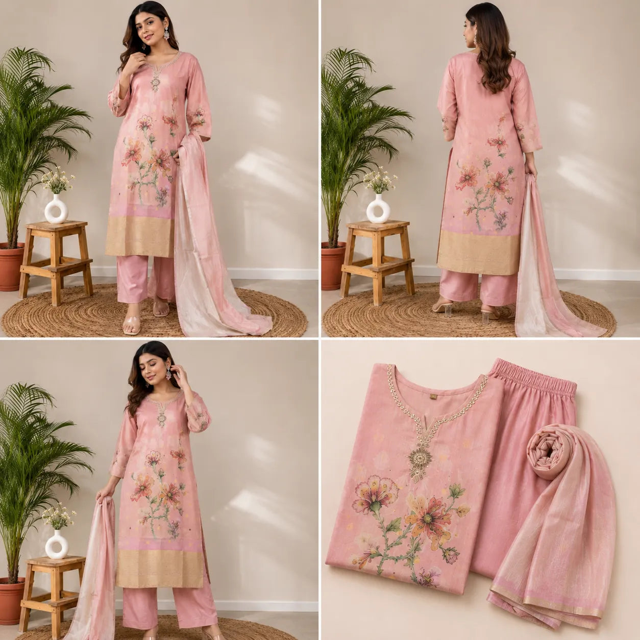 Women's Blush Pink Floral Printed Kurta Set with Dupatta