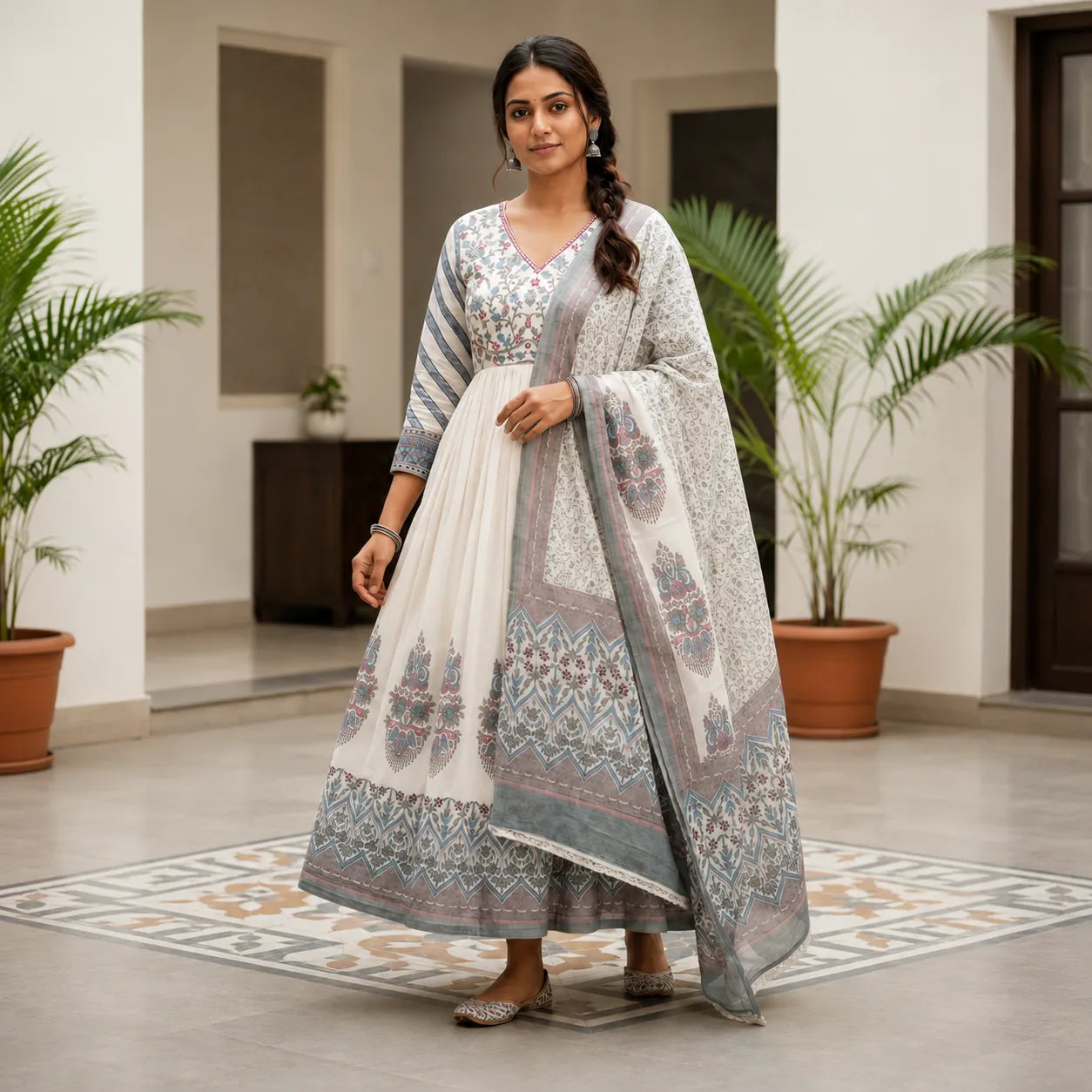 Women's Ivory Grey Printed Anarkali Kurta Set with Dupatta