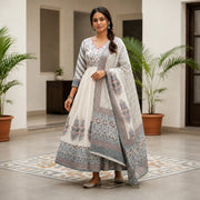 Women's Ivory Grey Printed Anarkali Kurta Set with Dupatta