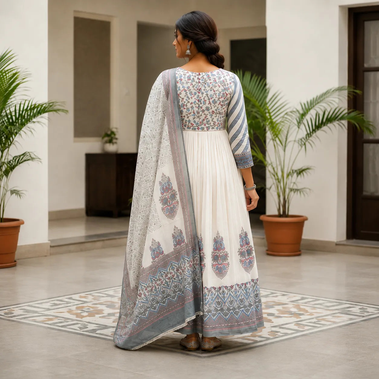 Women's Ivory Grey Printed Anarkali Kurta Set with Dupatta