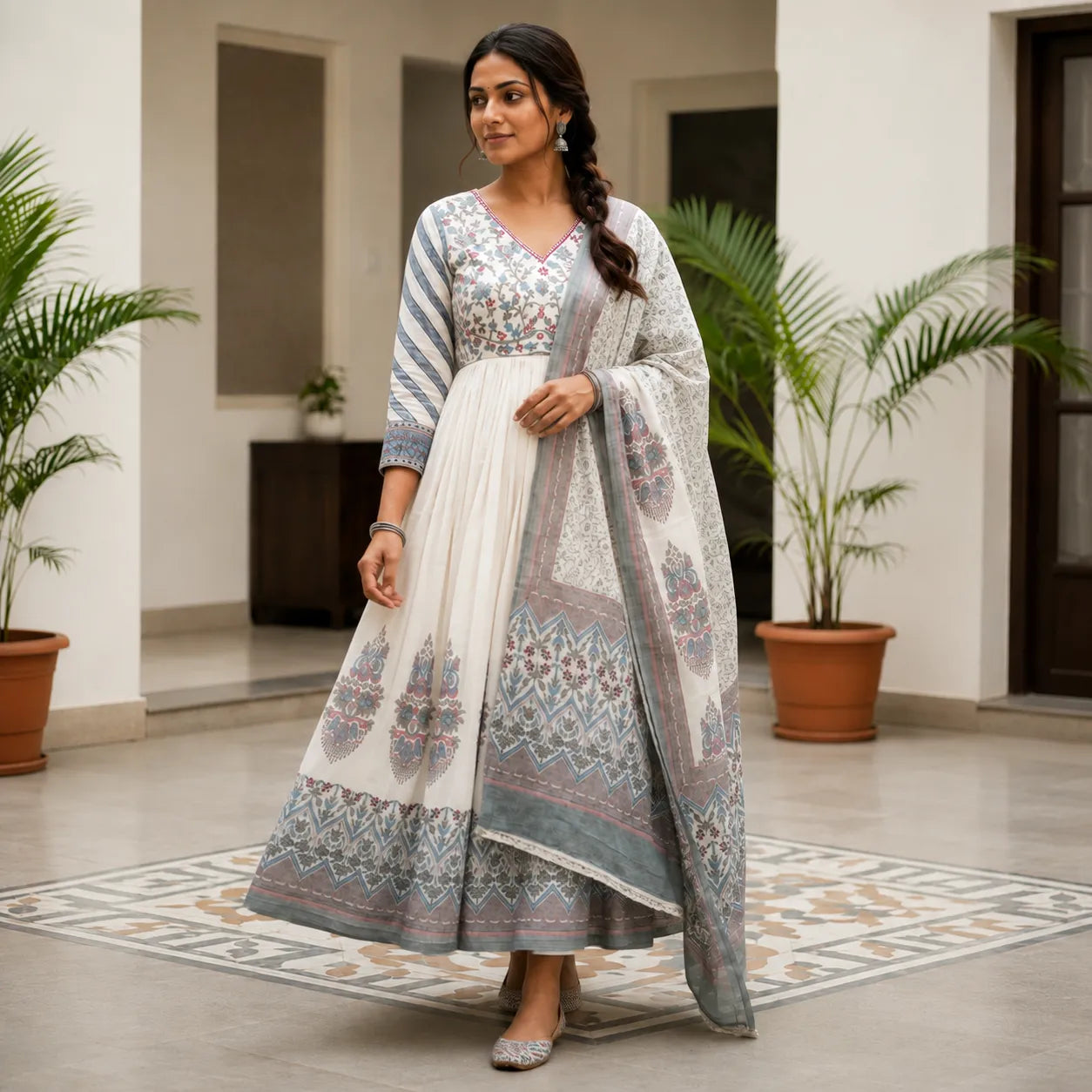 Women's Ivory Grey Printed Anarkali Kurta Set with Dupatta