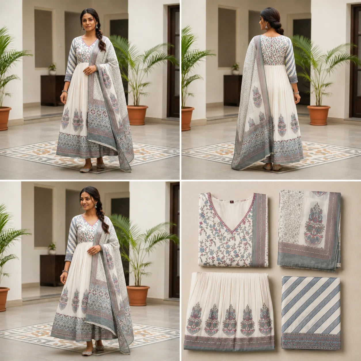 Women's Ivory Grey Printed Anarkali Kurta Set with Dupatta