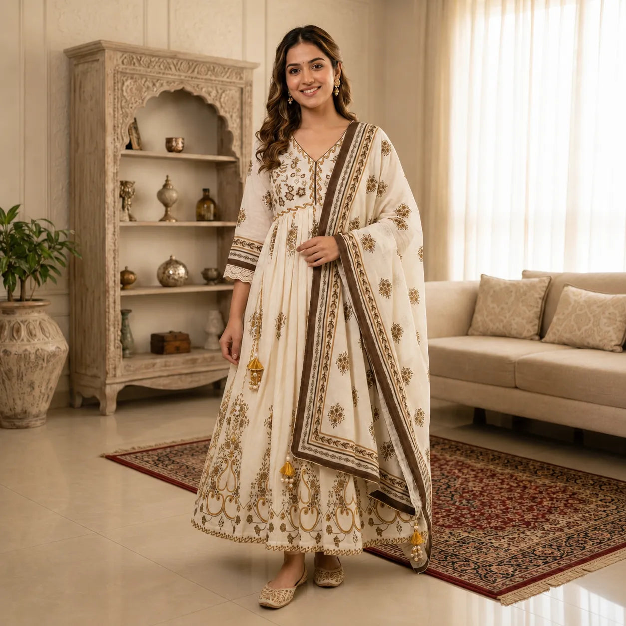 Women's Ivory & Gold Printed Anarkali Kurta Set with Dupatta