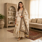 Women's Ivory & Gold Printed Anarkali Kurta Set with Dupatta