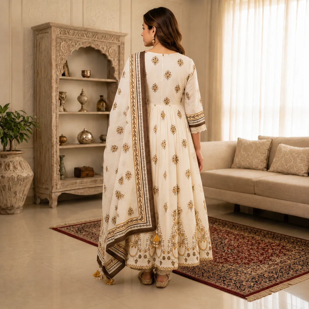 Women's Ivory & Gold Printed Anarkali Kurta Set with Dupatta