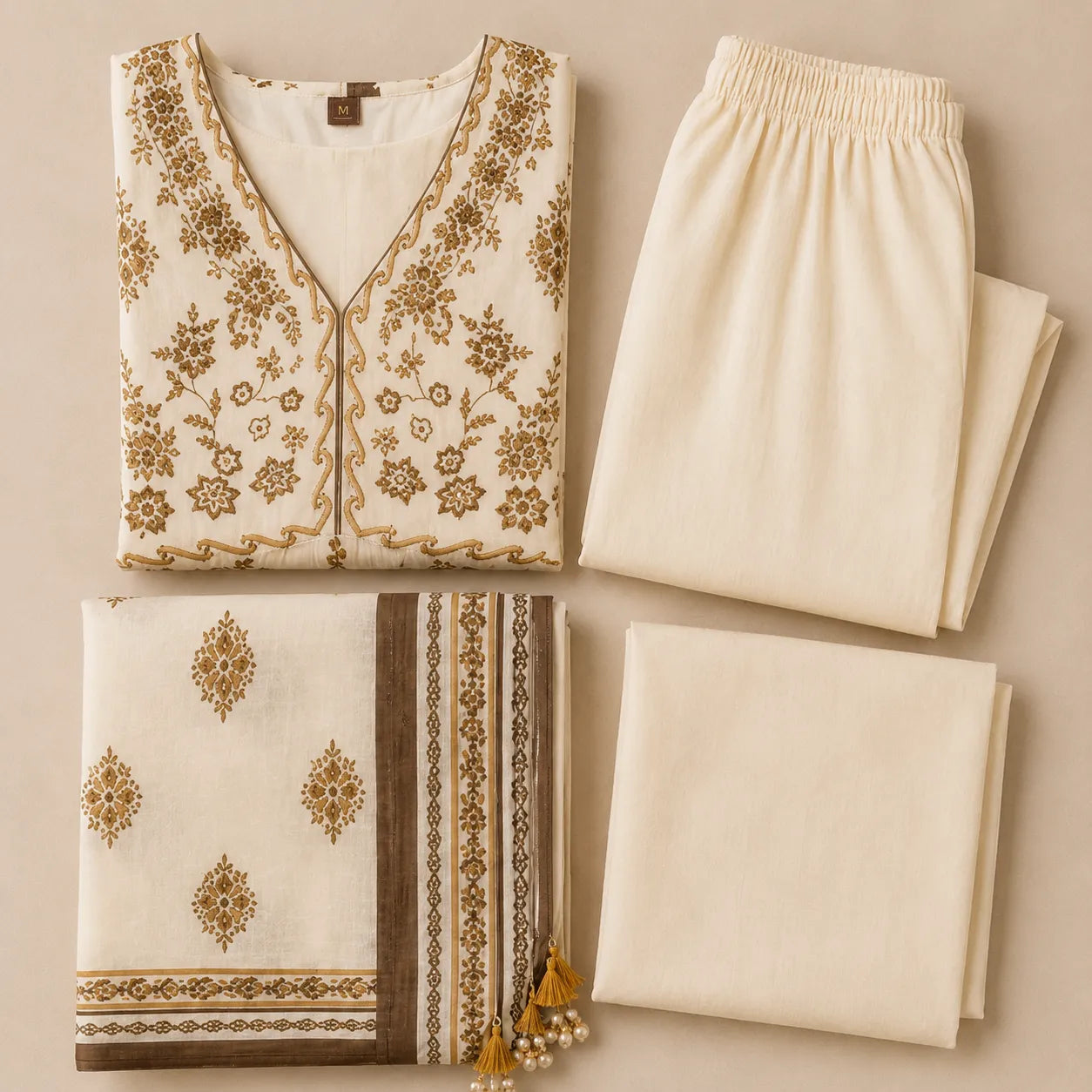 Women's Ivory & Gold Printed Anarkali Kurta Set with Dupatta