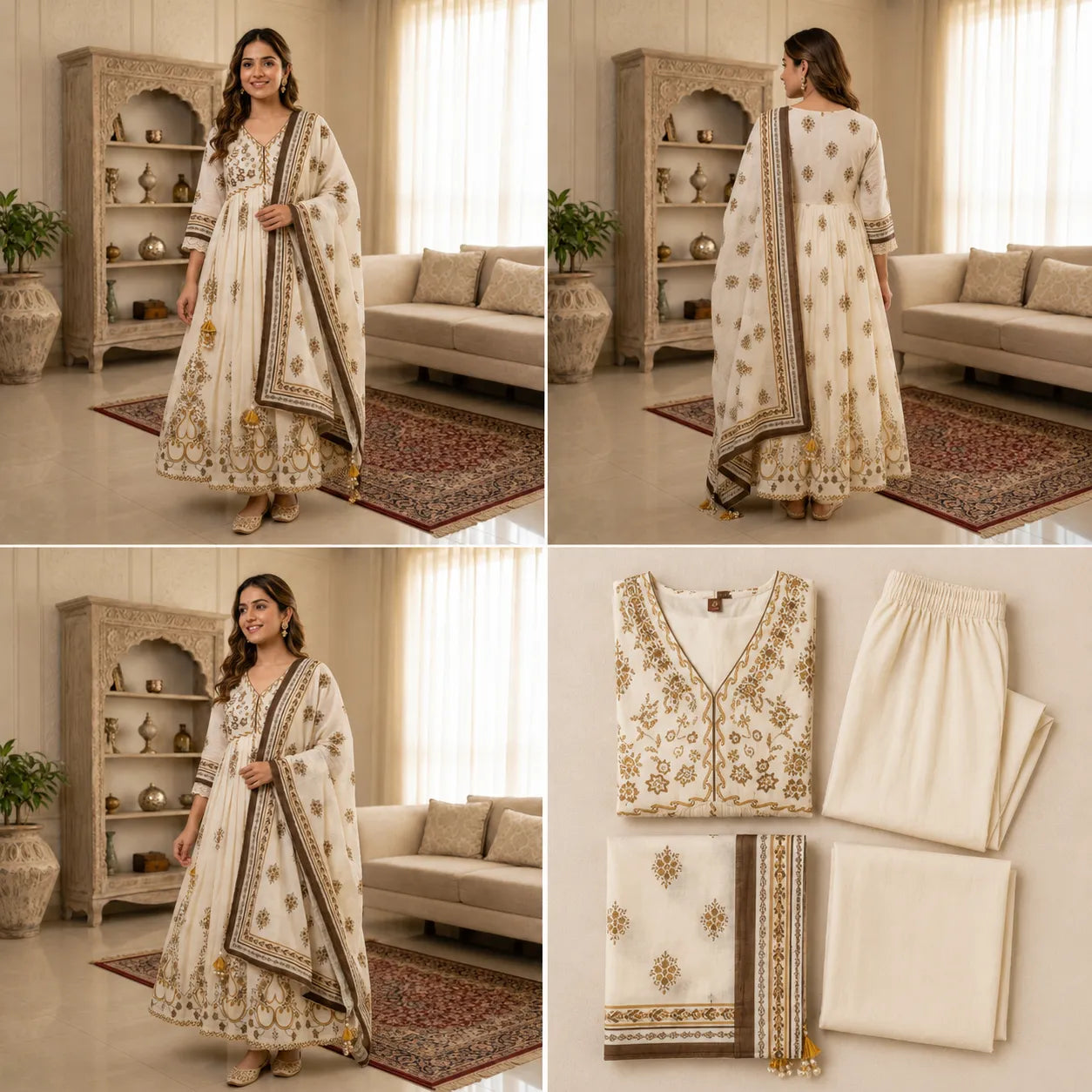 Women's Ivory & Gold Printed Anarkali Kurta Set with Dupatta