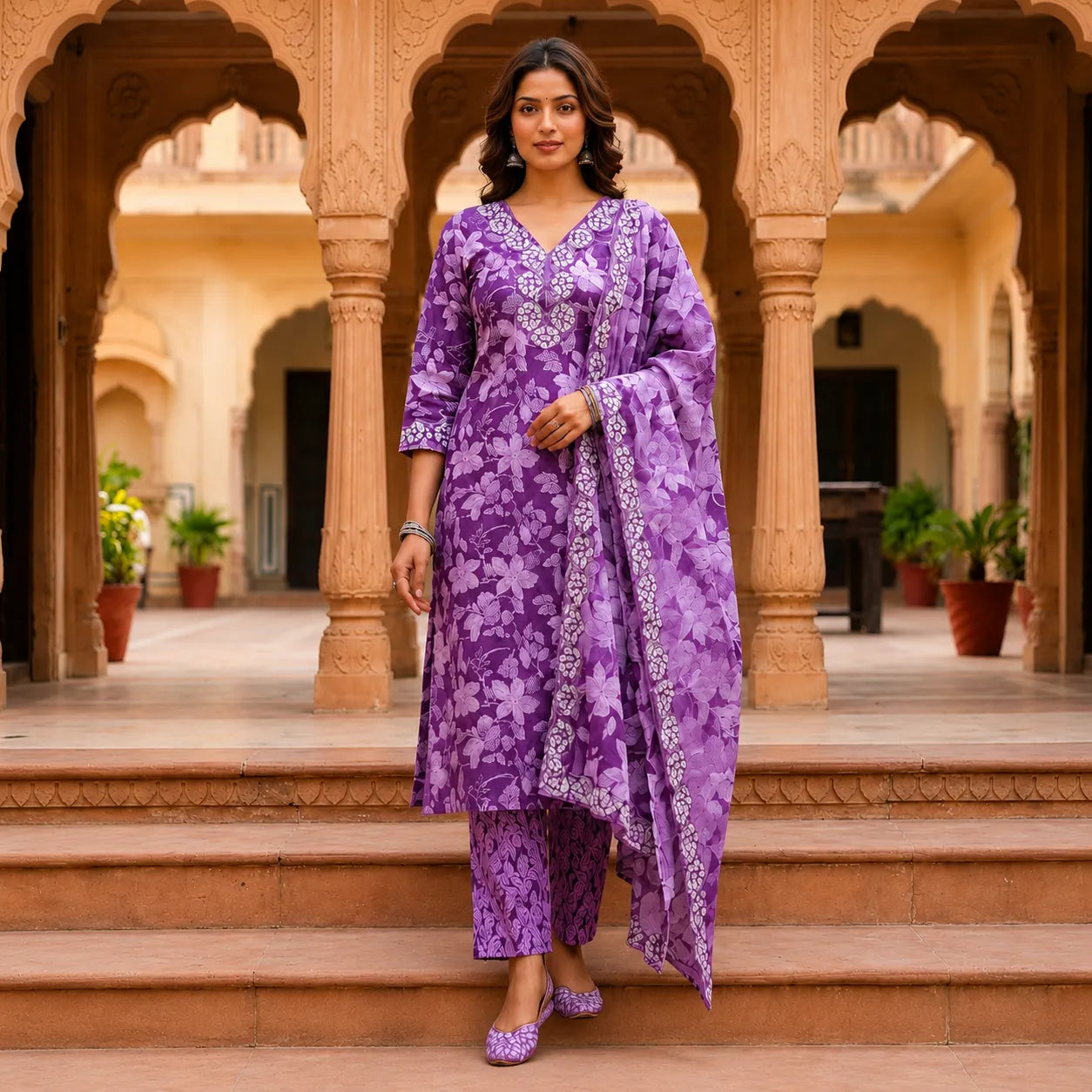 Women's Lavender Floral Printed Kurta Set with Dupatta