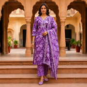 Women's Lavender Floral Printed Kurta Set with Dupatta