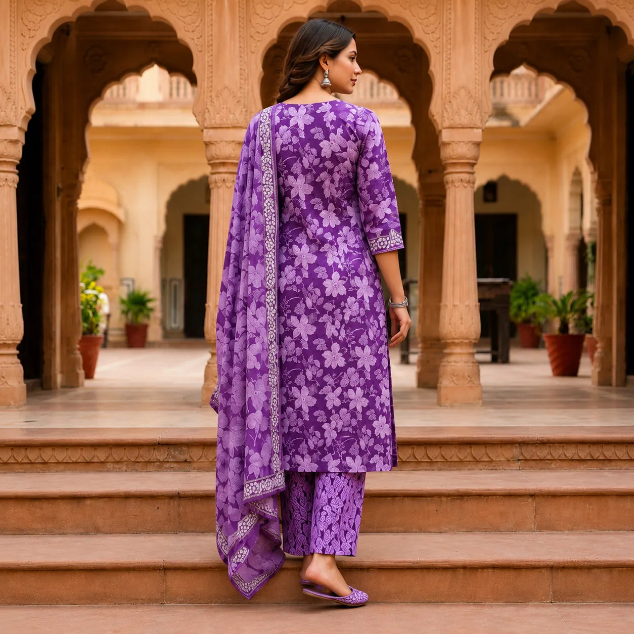 Women's Lavender Floral Printed Kurta Set with Dupatta