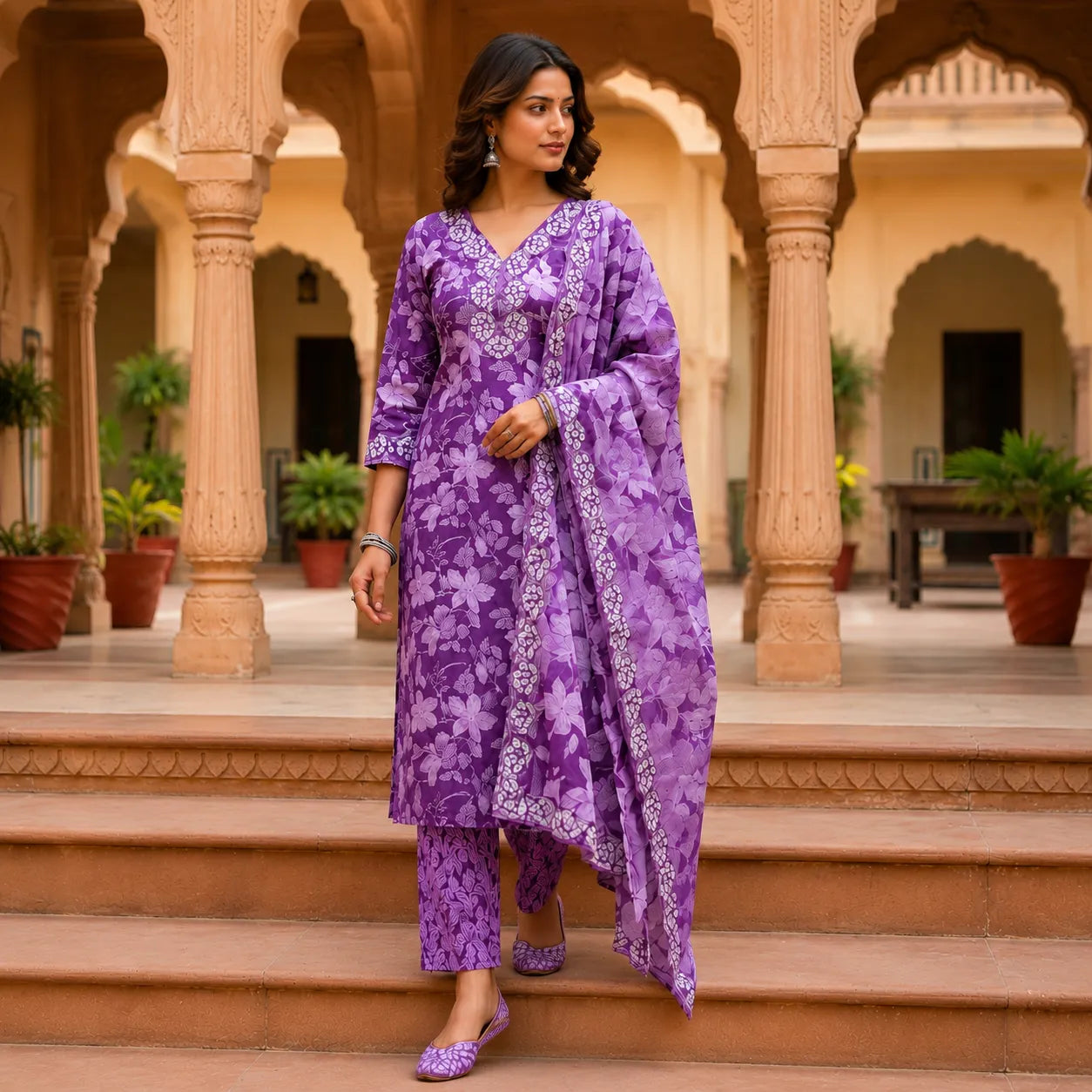 Women's Lavender Floral Printed Kurta Set with Dupatta
