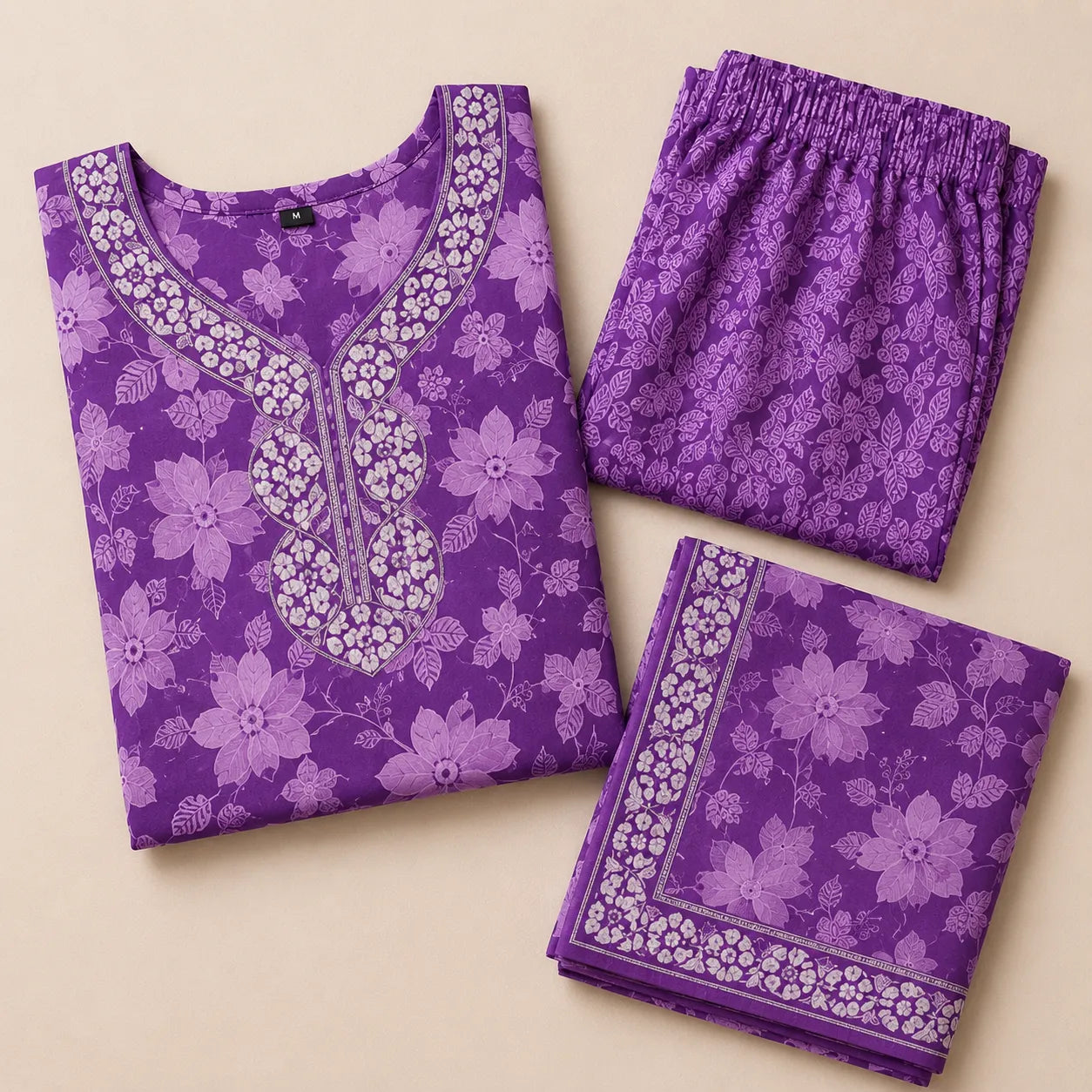 Women's Lavender Floral Printed Kurta Set with Dupatta
