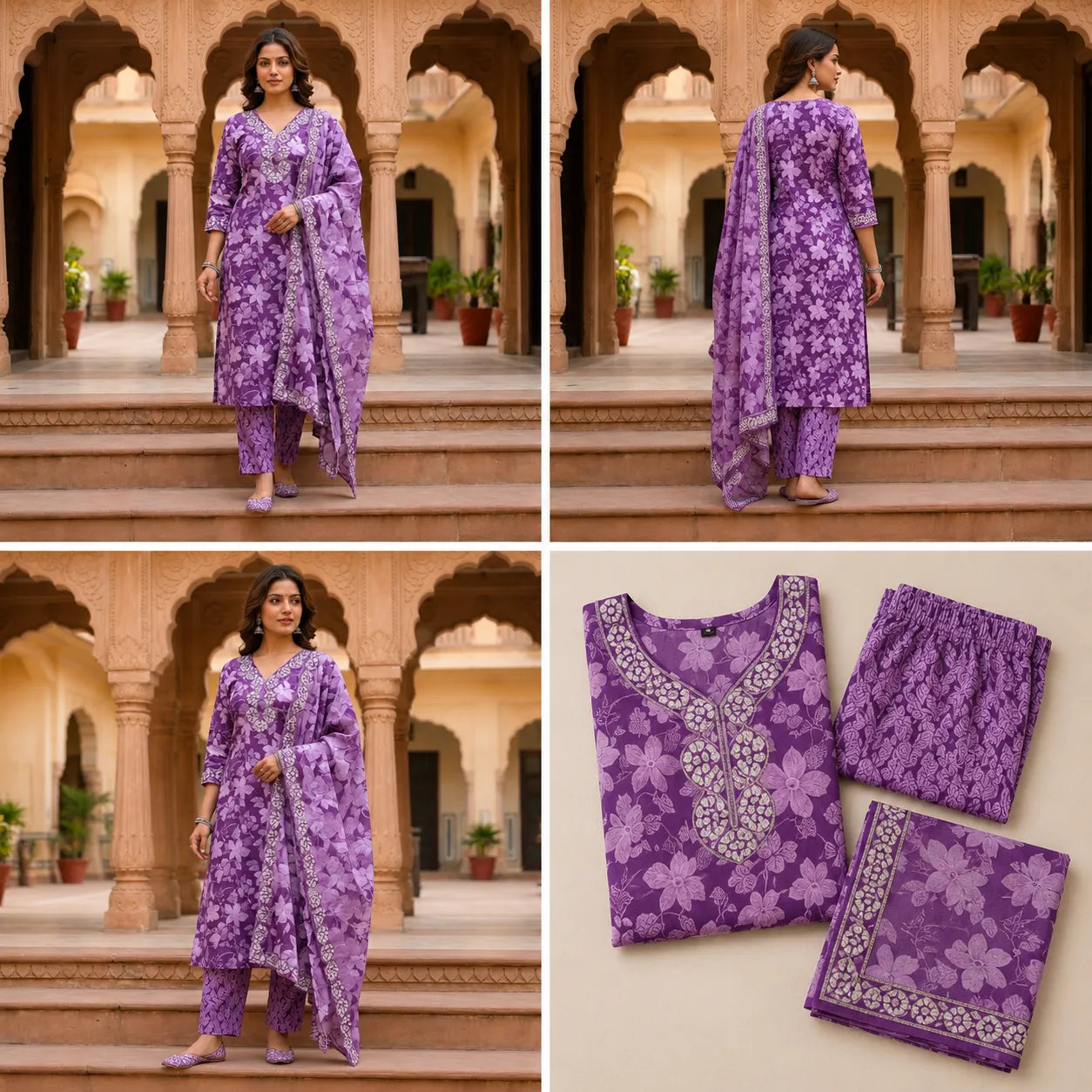 Women's Lavender Floral Printed Kurta Set with Dupatta