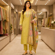 Women's Lemon Yellow Straight Kurta Set with Printed Dupatta