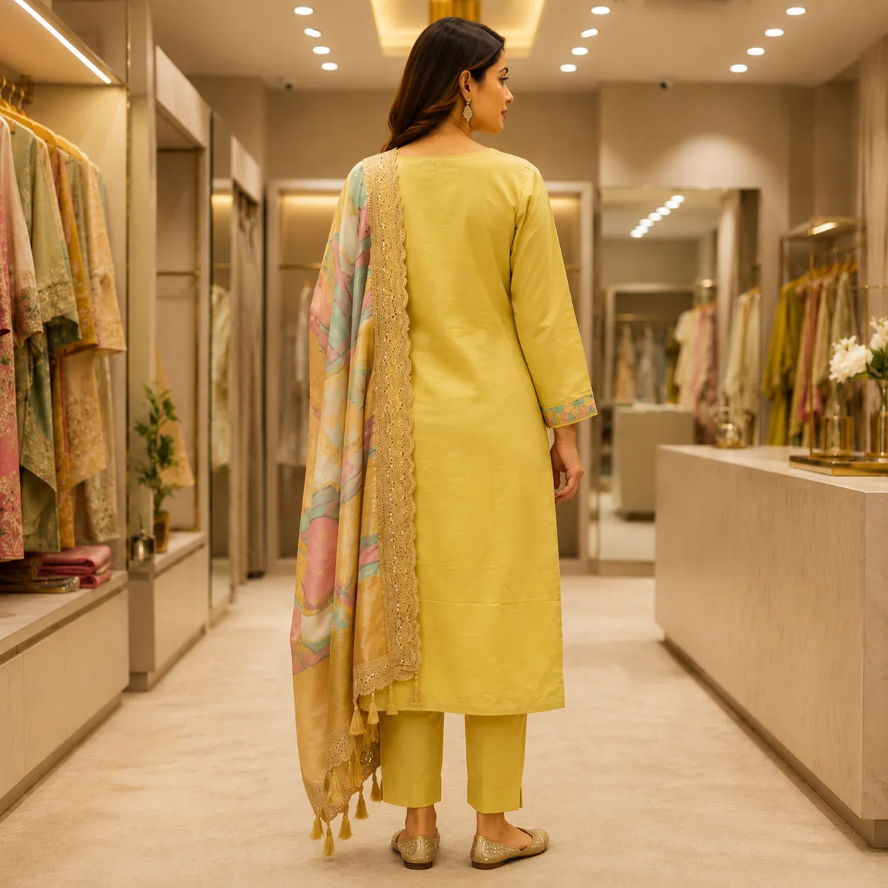 Women's Lemon Yellow Straight Kurta Set with Printed Dupatta