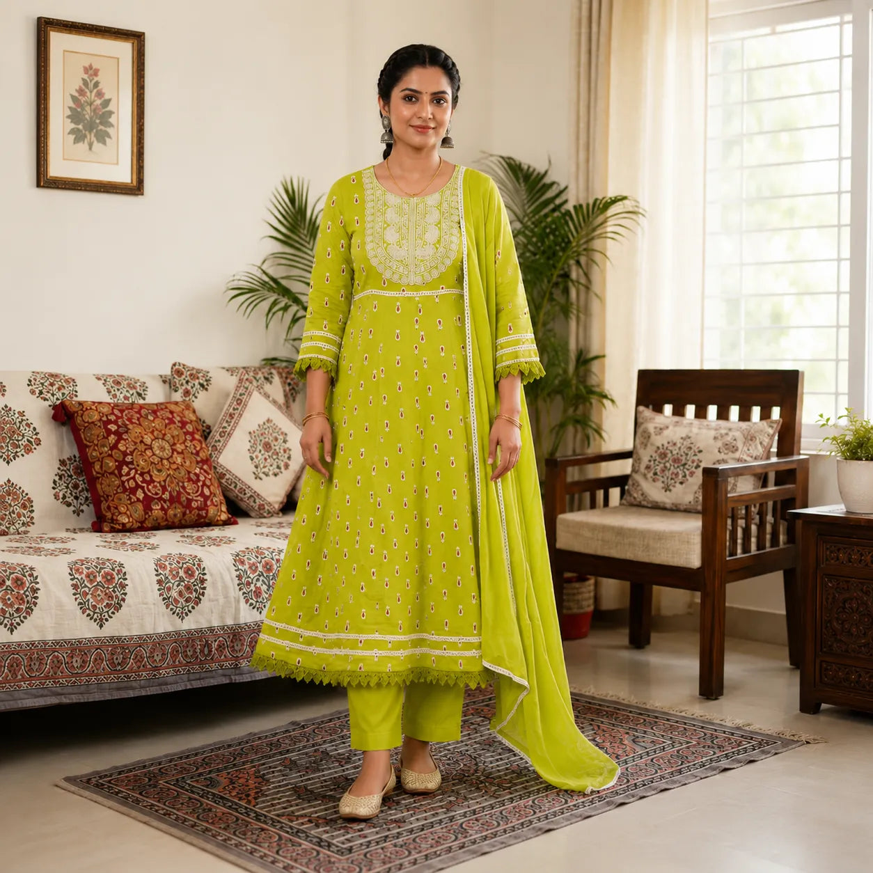 Women's Lime Green Embroidered Anarkali Kurta Set, Dupatta