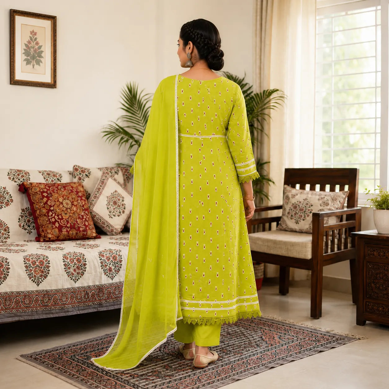 Women's Lime Green Embroidered Anarkali Kurta Set, Dupatta