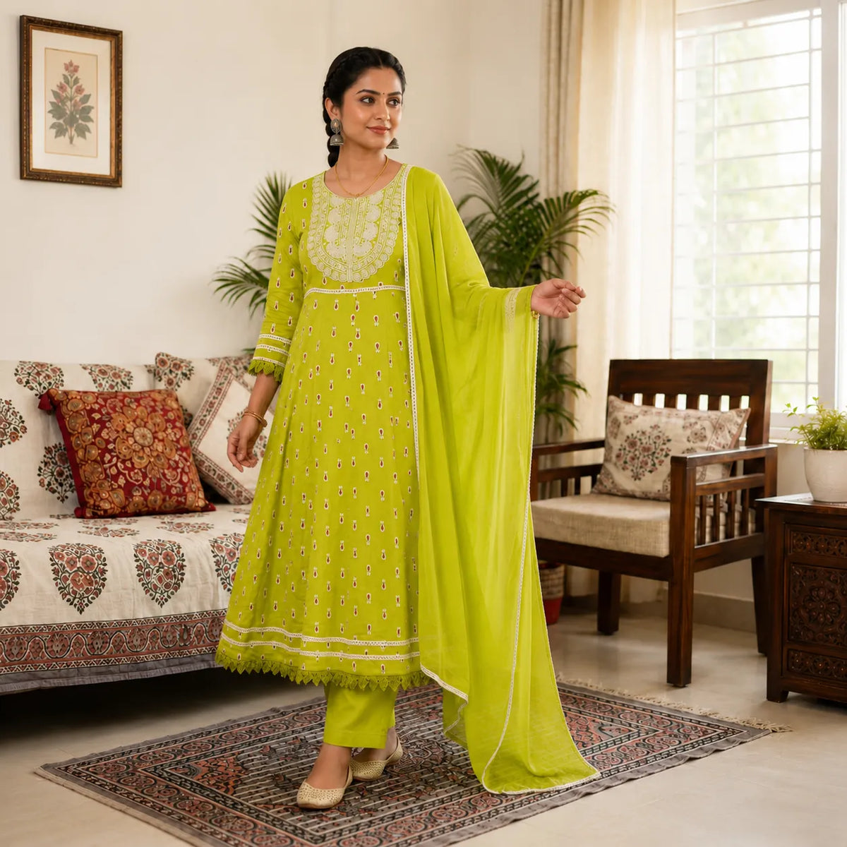 Women's Lime Green Embroidered Anarkali Kurta Set, Dupatta
