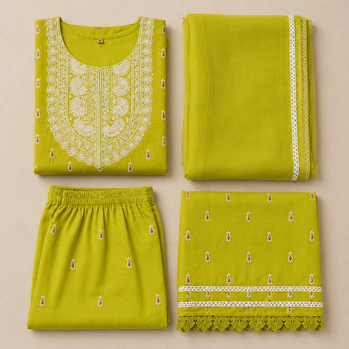 Women's Lime Green Embroidered Anarkali Kurta Set, Dupatta