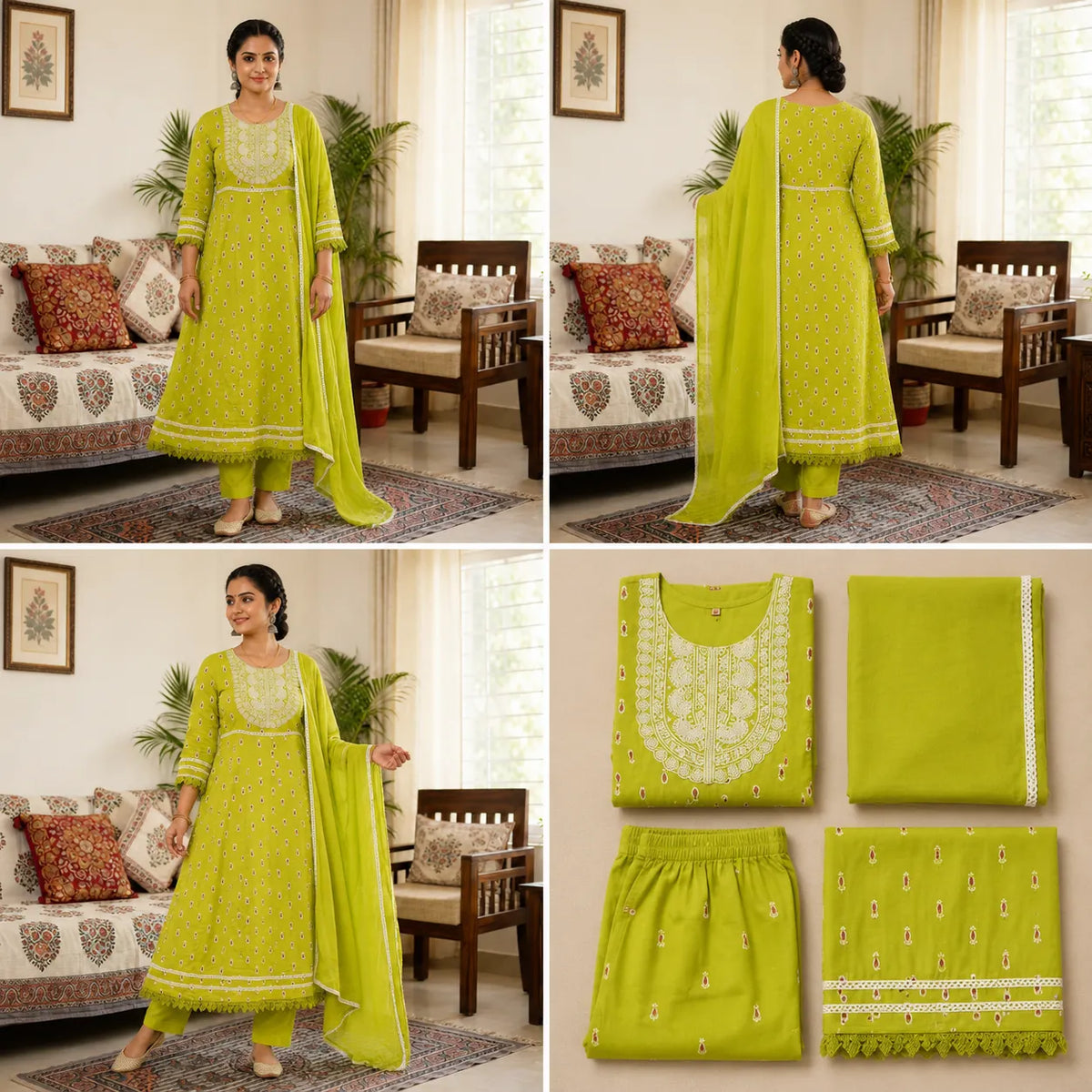 Women's Lime Green Embroidered Anarkali Kurta Set, Dupatta
